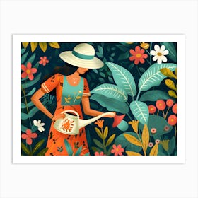 Woman Watering Garden Art Print