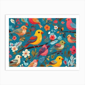 Default Seamless Cartoon Pattern Of Birds And Flowers In Brigh 1 Art Print