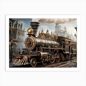 Steampunk Locomotive Featuring Brass And Copper Pipes Valves And Cogs Billowing Tendrils Of Steam Art Print