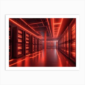 A Server Room With Rows Of Servers Illuminated By Red Neon Lights Art Print