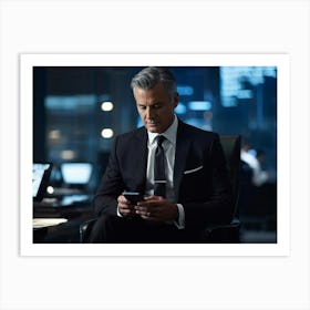 Businessman Sharp Suit Ultra Clear Texting On A Sleek Smartphone Indoor Setting Ambient Office 2 Art Print