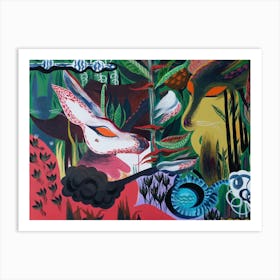 Bunnies with tea in the tropics Art Print