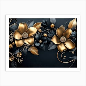 3d Artwork Illustration Background with Golden Jewelry and Flowers in Black Design 1 Art Print