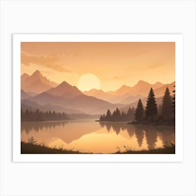 A Stylized, Digital Painting Of A Mountain Range With A Large Orange Sun In The Background Art Print