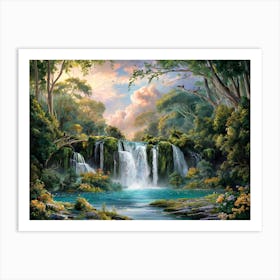 Majestic Waterfall Forest with Flowers Painting #8 Art Print