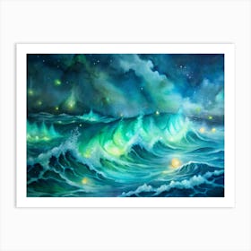 A Striking Depiction Of Ocean Waves Glowing With B Art Print