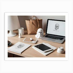 A Still Life Image Of A Desk With A Laptop, A Phone, A Cup Of Coffee, And Various Decorative Objects Art Print