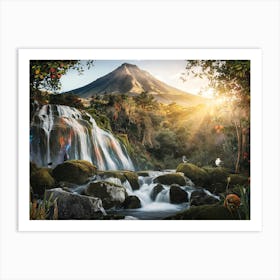 Mountain Waterfall with Wildlife Painting #10 Art Print