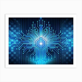 Blue Circuit Board With Hexagonal Center Art Print