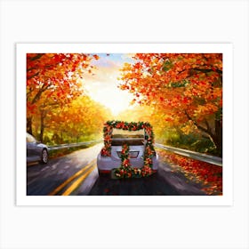 Autumnal Landscape Autumnal Leaves Cascading Down As A Car Adorned With Holiday Wreaths And Ribbon (1) 2 Art Print