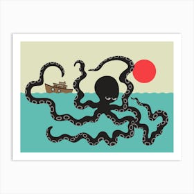 AKKOROKAMUI Japanese Giant Octopus Sea Monster Cryptid Myth with Rising Red Sun Art Print