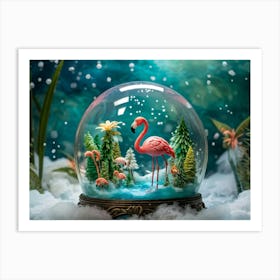 Plush Flamingo Swimming In A Transparent Glass Lake Surrounded By Sunlight Filtering Through Snowfa Art Print