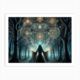 A witch opening a portal in a dark forest Art Print