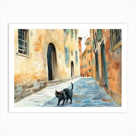 Black Cat In Florence Firenze, Italy, Street Art Watercolour Painting 4 Art Print