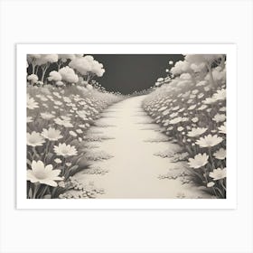 A Path Winds Through A Serene, Monochromatic Field Of Flowers And Trees, Rendered In White And Gray Tones Art Print