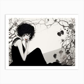 Sad Asian Gothic Girl In A Black Dress Art Print