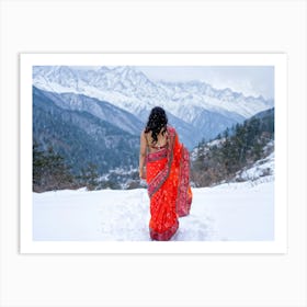 Indian Married Woman Clad In A Vibrant Sari Brandishing A Trisula Mirroring The Fierce Demeanor Of Art Print