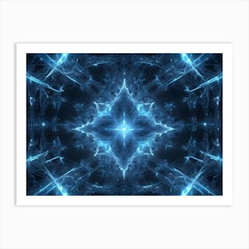 Abstract Symmetrical Geometric Pattern Of Flowing Light In Shades Of Blue, Forming A Floral Like Pattern Against A Black Background Art Print