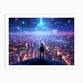 Man stands on rooftop of a tall building, gazing at an abstract, modern, sci-fi city Art Print