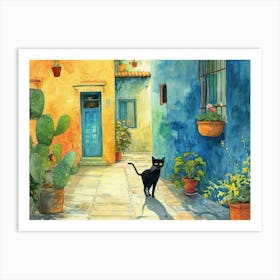 Black Cat In Latina, Italy, Street Art Watercolour Painting 1 Art Print