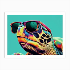 Illustration Of The Multi Colored Turtle S Face Wearing Sunglasses Against A Solid Aqua Background Poster