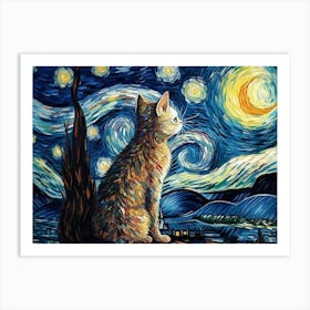 Cat Starry Night Impressionism Art Print