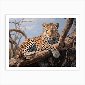 African Leopard Resting In A Tree Realism Painting 2 Art Print