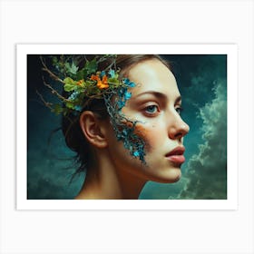 Portrait Of A Woman With Flowers On Her Face Art Print