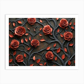 2d Texture Of Branches With Red Roses And Leaves 1 Art Print