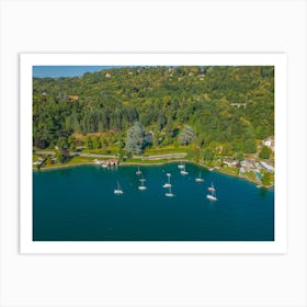 Yachts and boats on the lake. Summer sunny day in Italy. Aerial photography. Art Print