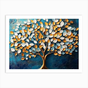 Colorful Tree with Leaves on Hanging Branches of Blue, White and Golden Illustration Art Print