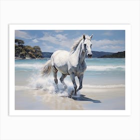 A Horse Oil Painting In Whitehaven Beach, Australia, Landscape 2 Art Print