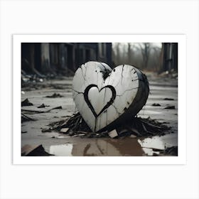 A Large, Cracked Heart Sculpture Made Of Concrete Is Placed In The Middle Of A Debris Filled Street Art Print