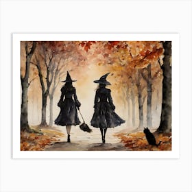 Best Witches on an Autumn Day ~ Witchy Fall Black Cat Spooky Fairytale Watercolour  Art Print