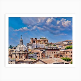 Rooftops and Domes in Rome. This image depicts a picturesque view of a historic cityscape, characterized by its terracotta rooftops and prominent domed structures. The two large domes, likely belonging to significant religious or historical buildings, stand out against a clear blue sky. The foreground is filled with a variety of buildings, showcasing a mix of architectural styles and colors, while lush green trees add a touch of nature to the urban scene. 3 Art Print