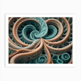 Intricate 3d Illustration Of A Surreal, Organic Structure With Interconnected Loops And Swirls In Shades Of Blue And Orange Art Print