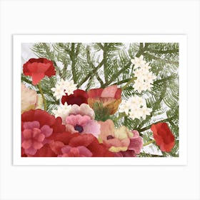 Red And White Flowers Green Foliage arrangement Art Print