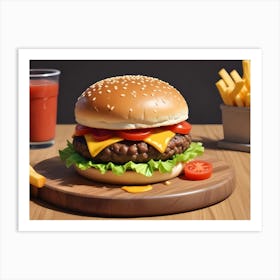 Juicy Burger With Cheese, Tomato, Lettuce And French Fries 1 Art Print