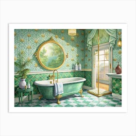 Green Bathroom With Vintage Bathtub And Golden Accents Art Print