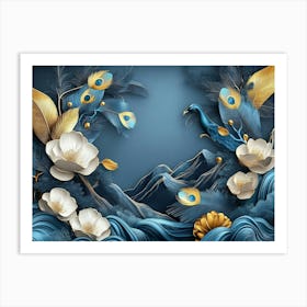 3d Modern Abstraction Art With Blue, Dark Green And Golden Tropical Leaf Branches Art Print