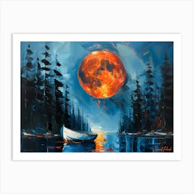 A Small White Boat Under The Red Moon Art Print