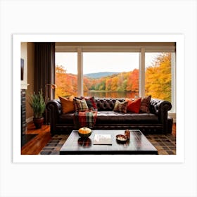 Cozy Autumn Living Room Vivid Colors Featuring Plaid Blankets Stretched Over A Leather Sofa A Pum (7) Art Print