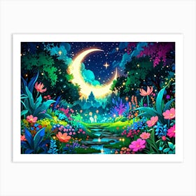 Moon And Flowers Art Print