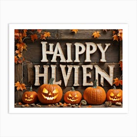 Autumn Themed Word Art Featuring The Word Happy Halloween In A Creative Rustic Stack As If Carve (1) Art Print