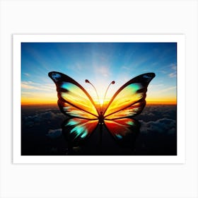 Sunrise Backlit Butterfly Silhouette With Iridescent Painted Wings Unfurling Towards The Bursting Art Print