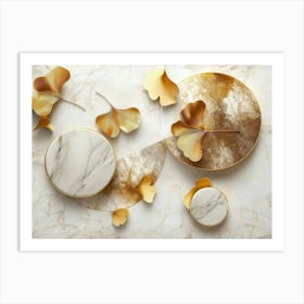 3d Geometric Circles and Marble Shapes in Gold White and Brown Accented Art Print