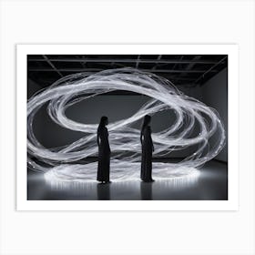 Two Women In Long Dresses Standing In A Dark Room With A Swirling Shape Of White Light Surrounding Them Art Print