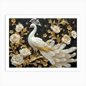 Golden And White Floral Peacock 2 Art Print