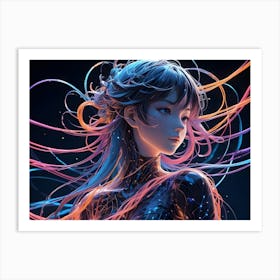 Portrait Of A Futuristic Female Character With Flowing Hair Adorned With Glowing Strands, Set Against A Dark Background Art Print