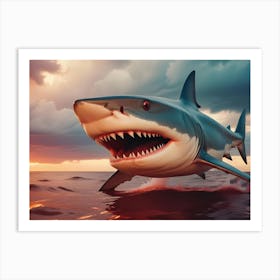 A Large Great White Shark Leaps Out Of The Water With Its Mouth Open, Revealing Sharp Teeth, Against A Dramatic Sunset Sky Art Print